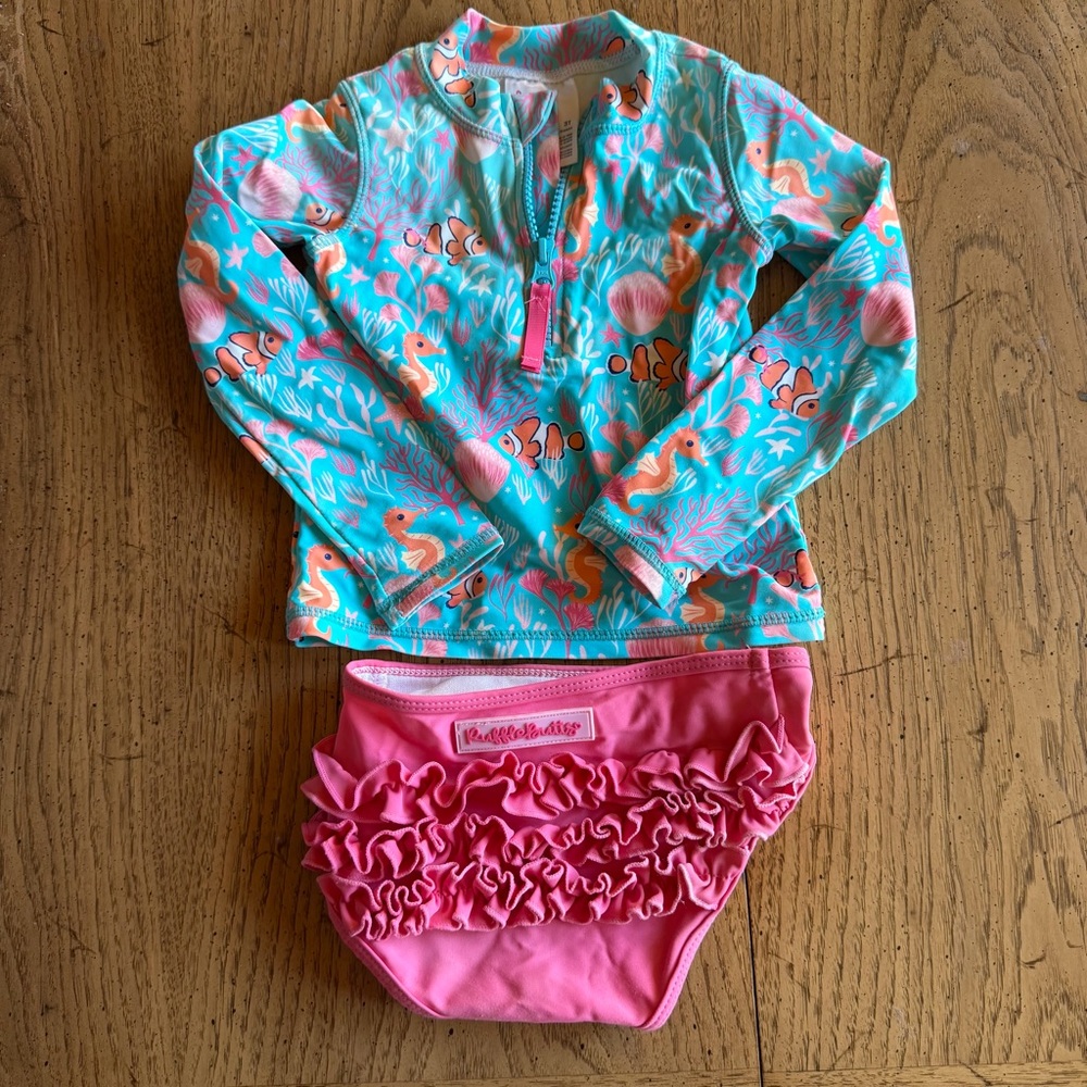 Ruffle Butts Aqua and Pink Kids Rashguard Set